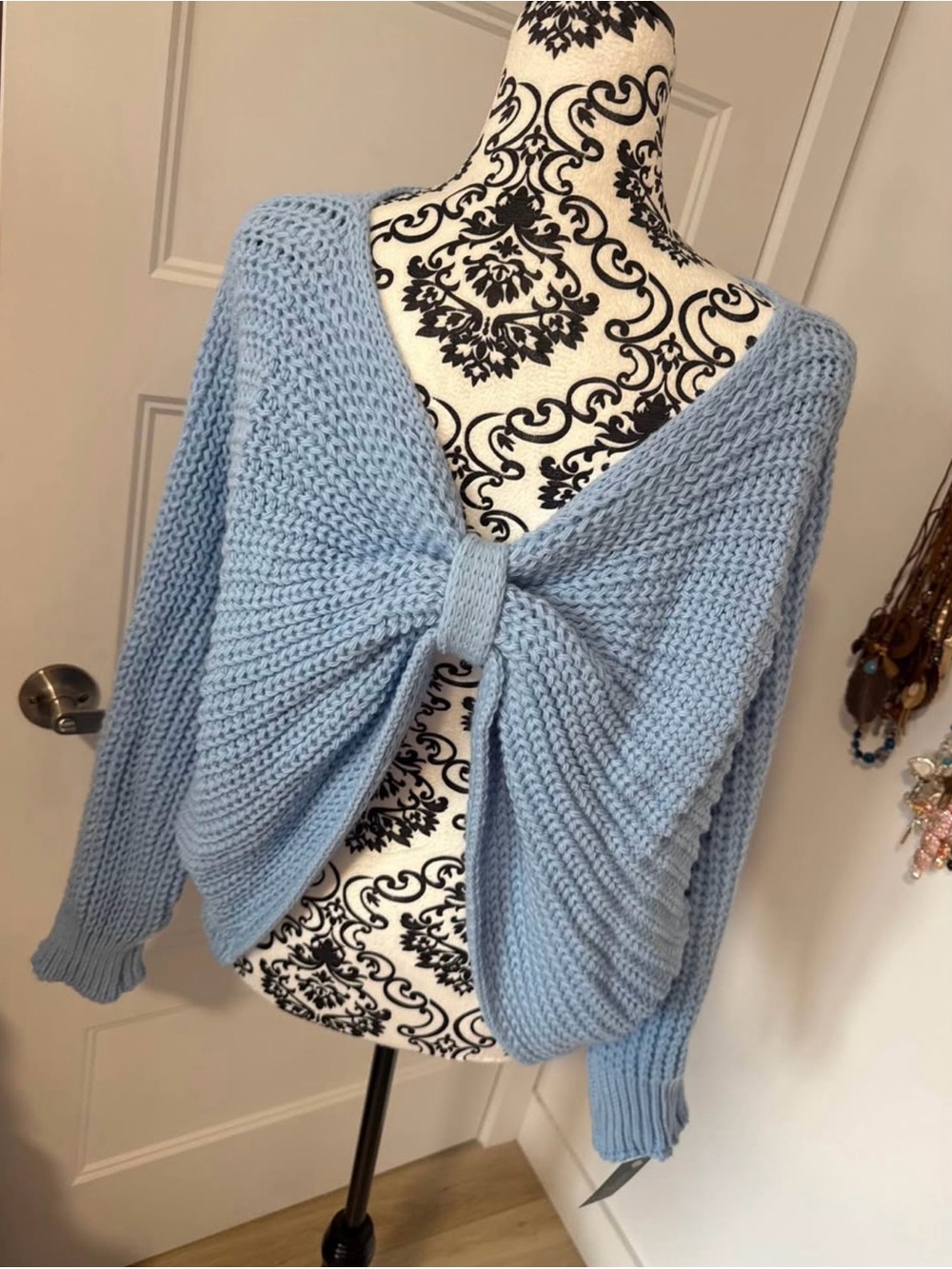 Light Blue Knot-Front Women's Sweater